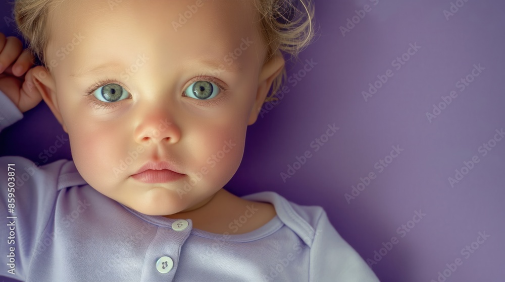 A close-up portrait of a baby girl lying on a purple sheet