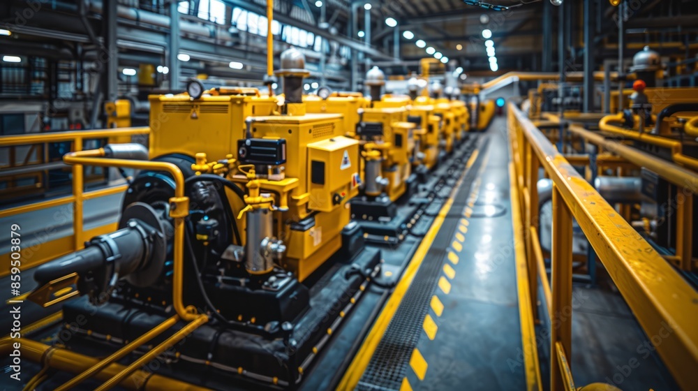 In a modern industrial plant, there is a yellow generator with multiple engines lined up side by side in front of it In a modern industrial plant, there is a yellow generator with multiple engines lined up side by side in front of it