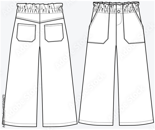 UTILITY POCKET DETAIL WIDE LEG TROUSER FASHION FLAT DESIGNED FOR TEEN GIRLS AND KID GIRLS IN VECTOR FILE