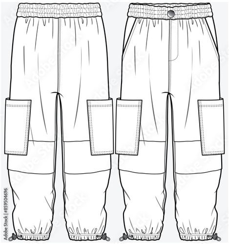 UTILITY CARGO POCKET DETAIL WOVEN JOGGERS WITH CUT AND SEW PANEL AND TOGGLE PULLER AT HEM FASHION FLAT DESIGNED FOR TEEN GIRLS AND KID GIRLS IN VECTOR FILE