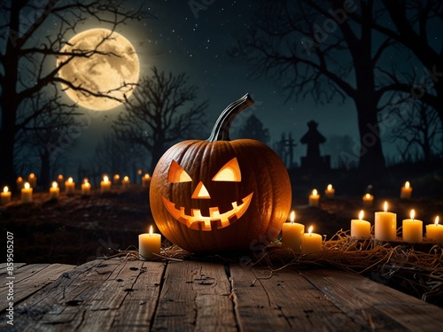 Halloween pumpkin head jack lantern with burning candles, Spooky Forest with a full moon and wooden table, Pumpkins In Graveyard In The Spooky Night - Halloween Backdrop. photo