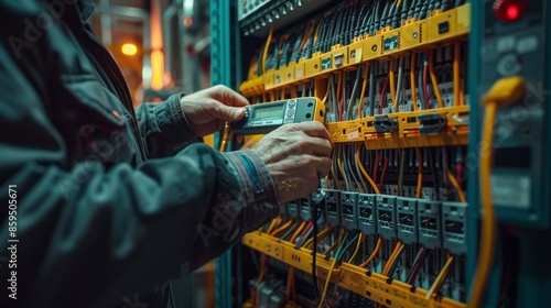An electrician uses a multimeter to test the wiring and operation of data cables on a building's electrical panel, focusing on the hands using tools to ensure the safety of the power lines.