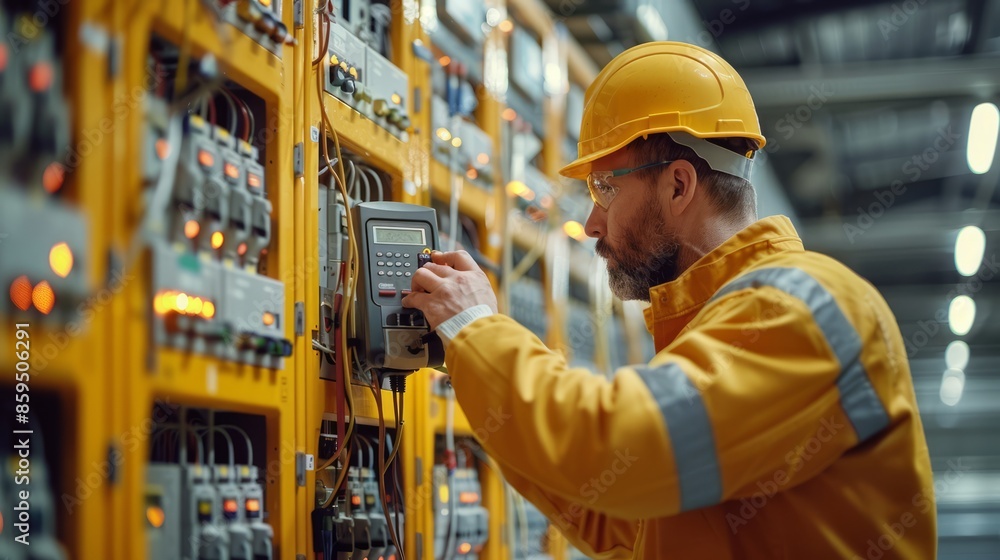 An electrician uses a multimeter to test the wiring and operation of data cables on a building's electrical panel, focusing on the hands using tools to ensure the safety of the power lines. An electrician uses a multimeter to test the wiring and operation of data cables on a building's electrical panel, focusing on the hands using tools to ensure the safety of the power lines.