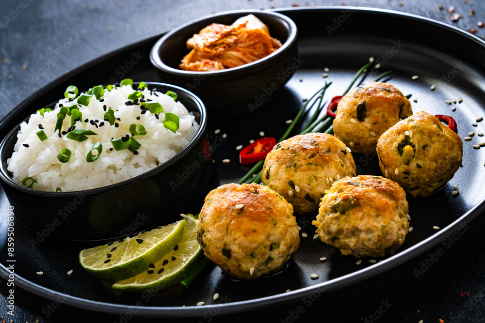 Meatballs served with white rice and kimchi on black plate on black wooden background
Meatballs served with white rice and kimchi on black plate on black wooden background