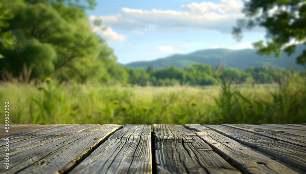 Beautiful blurred boreal forest background view with empty rustic wooden table for mockup product display. Picnic table with customizable space on table-top for editing Beautiful blurred boreal forest background view with empty rustic wooden table for mockup product display. Picnic table with customizable space on table-top for editing