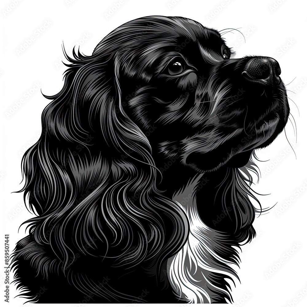 A black and white drawing of a Cavalier King Charles Spaniel dog A black and white drawing of a Cavalier King Charles Spaniel dog