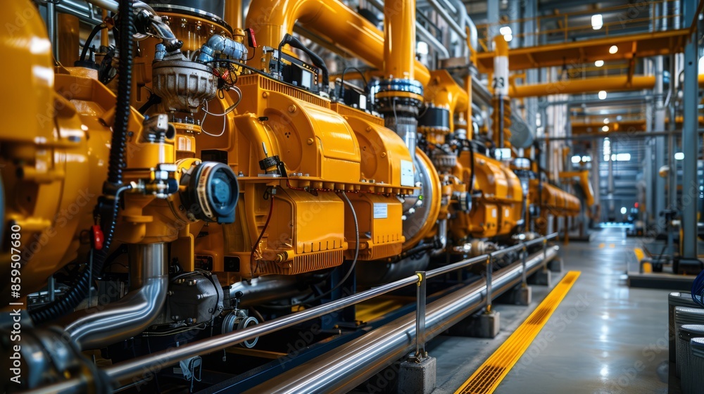 In a modern industrial plant, there is a yellow generator with multiple engines lined up side by side in front of it In a modern industrial plant, there is a yellow generator with multiple engines lined up side by side in front of it
