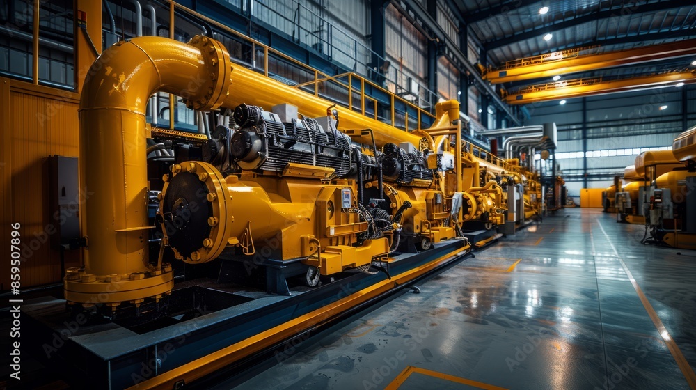 In a modern industrial plant, there is a yellow generator with multiple engines lined up side by side in front of it In a modern industrial plant, there is a yellow generator with multiple engines lined up side by side in front of it