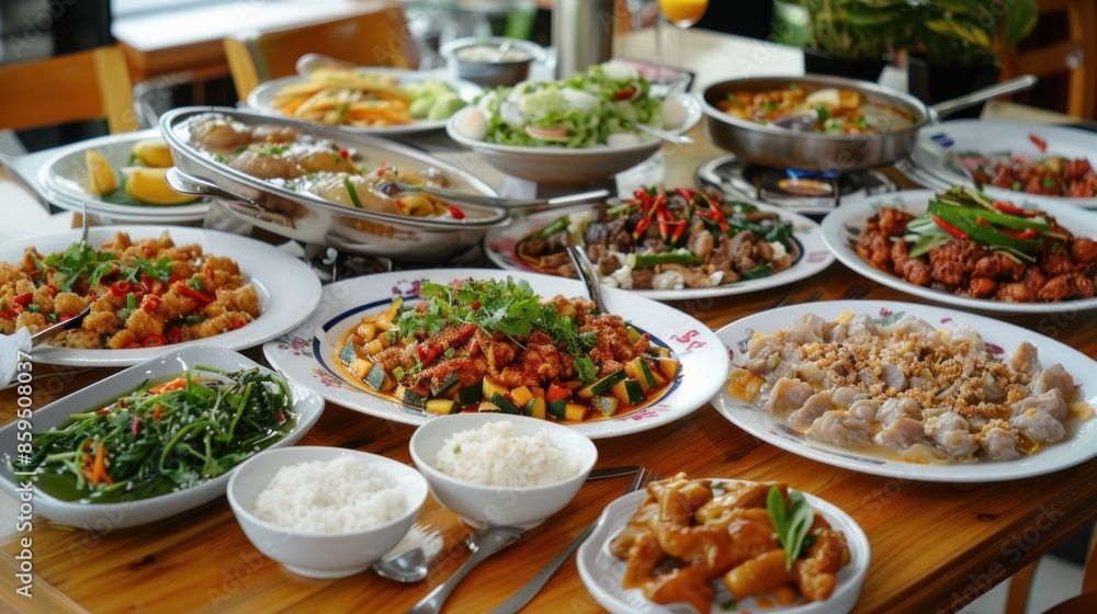 A Feast of Asian Cuisine: A Table Spread with Delicious Dishes A Feast of Asian Cuisine: A Table Spread with Delicious Dishes