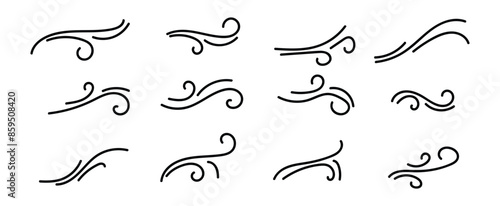 Doodle wind line sketch set. Hand drawn doodle wind motion, air blow, swirl elements. Sketch drawn air blow motion, smoke flow art, abstract line. Isolated on white background . vector illustration.