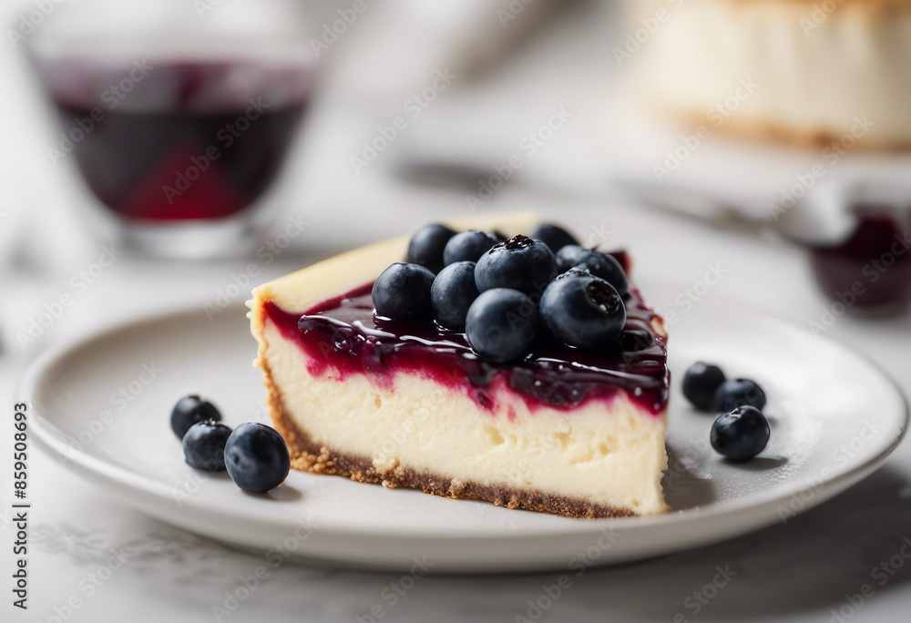 A slice of New York cheesecake on a plate with blueberry compote transparent on white background A slice of New York cheesecake on a plate with blueberry compote transparent on white background