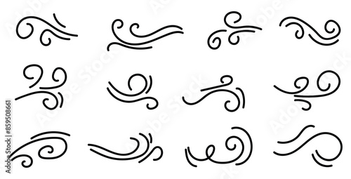 Doodle wind line sketch set. Hand drawn doodle wind motion, air blow, swirl elements. Sketch drawn air blow motion, smoke flow art, abstract line. Isolated on white background . vector illustration.