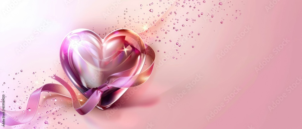 Shiny 3D heart with a ribbon and plenty of copyspace on a light background Shiny 3D heart with a ribbon and plenty of copyspace on a light background