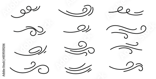 Doodle wind line sketch set. Hand drawn doodle wind motion, air blow, swirl elements. Sketch drawn air blow motion, smoke flow art, abstract line. Isolated on white background . vector illustration.
