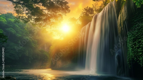 Serene Waterfall Scene for Travel or Nature Projects Generative AI © Alex