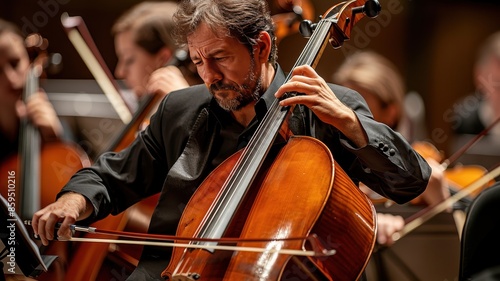 A professional cellist passionately plays during an orchestral performance, immersed in the rich sound of the cello. photo