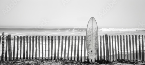 Classic Surfboard Against Wooden Fence on Beach with Gentle Waves in Nostalgic Black and White Photograph