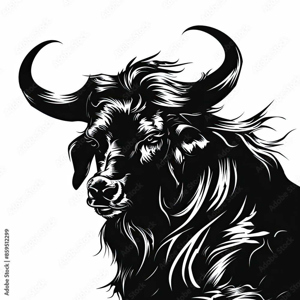 Obraz premium A black and white drawing of a bull with long horns