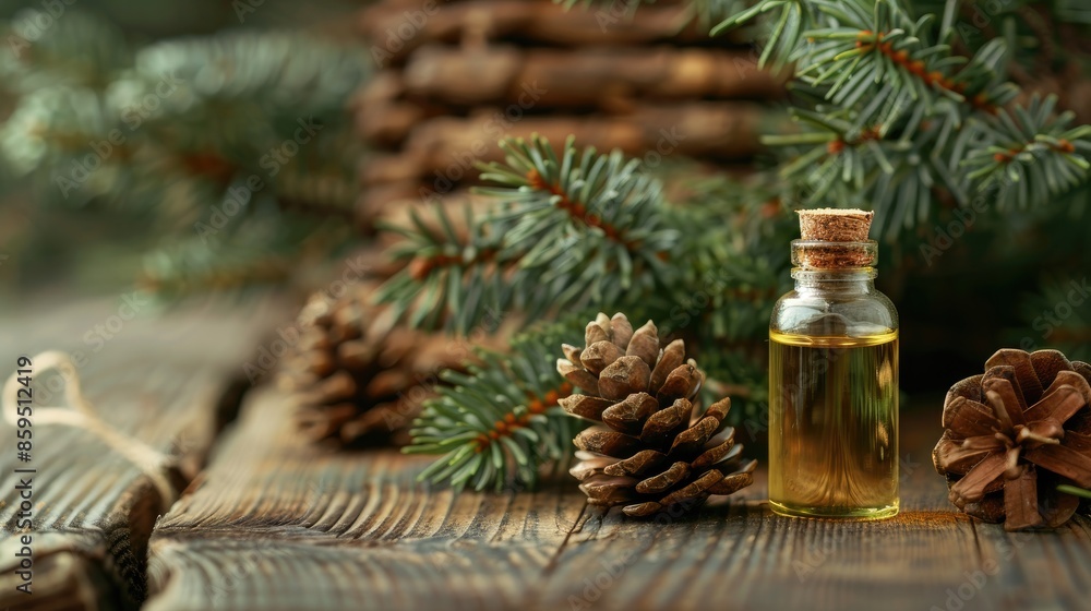 Essential oil of fir tree in bottle with cones and wood spruce on rustic wood table copy space natural skincare hair care aromatherapy massage sauna concept Essential oil of fir tree in bottle with cones and wood spruce on rustic wood table copy space natural skincare hair care aromatherapy massage sauna concept