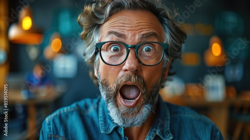 Surprised Man with Glasses in a Cafe
