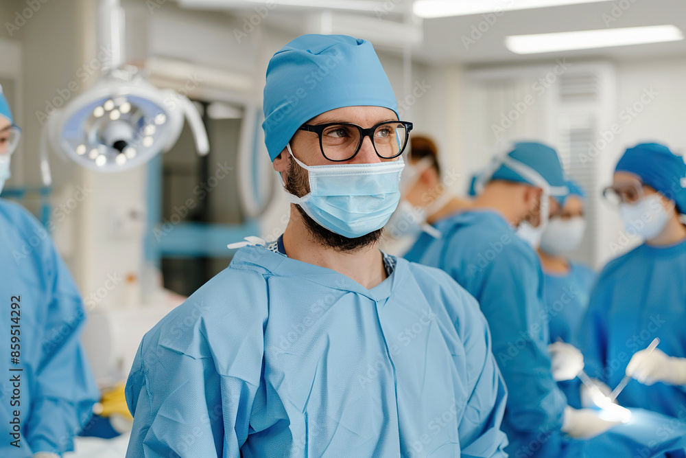 A dentist wearing a blue surgical gown, mask, and glasses stands in a dental office during a procedure. A dentist wearing a blue surgical gown, mask, and glasses stands in a dental office during a procedure.