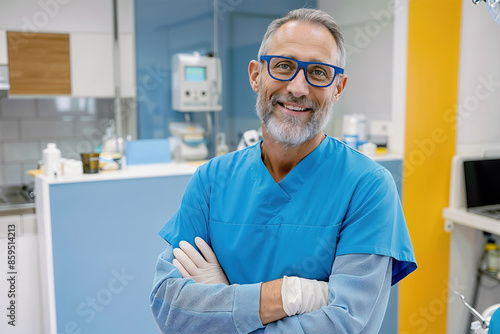 A smiling male dentist stands in a dental office, wearing a blue scrub shirt and white gloves. photo