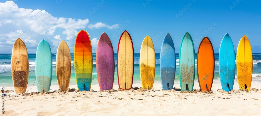 Surfboards Lineup on Sunny Beach Against Blue Sky - Vibrant Coastal Culture Display