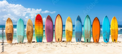 Surfboards Lineup on Sunny Beach Against Blue Sky - Vibrant Coastal Culture Display