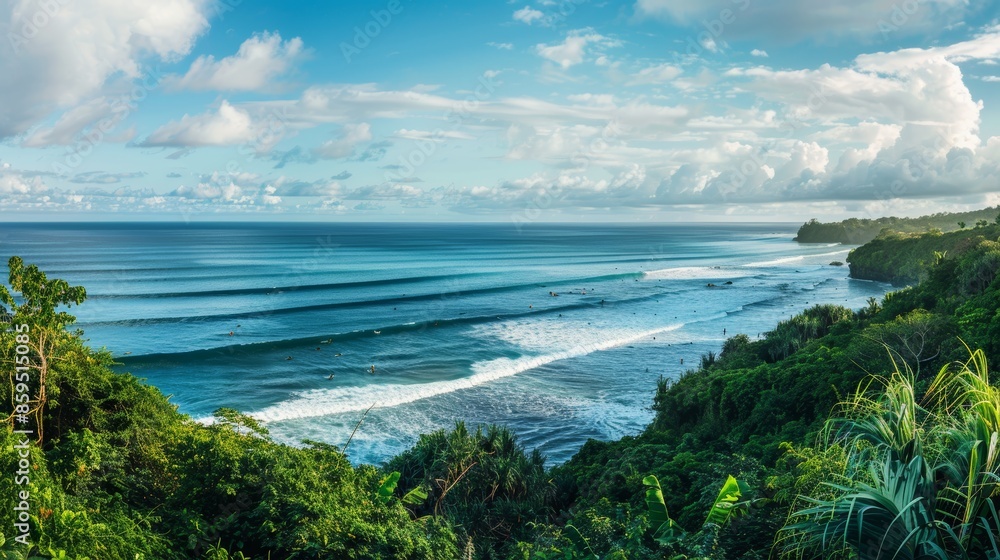 Fototapeta premium Panoramic View of Remote Surf Spot with Surfers and Pristine Waves Amidst Lush Vegetation