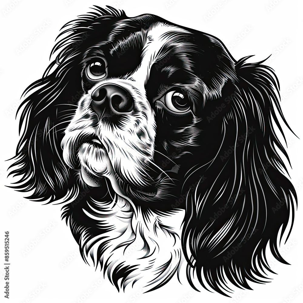 A black and white drawing of a Cavalier King Charles Spaniel dog A black and white drawing of a Cavalier King Charles Spaniel dog