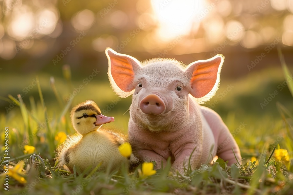 Piglet and Duckling Friendship in Farmyard Sunset - Perfect for Posters, Cards, and Prints Piglet and Duckling Friendship in Farmyard Sunset - Perfect for Posters, Cards, and Prints