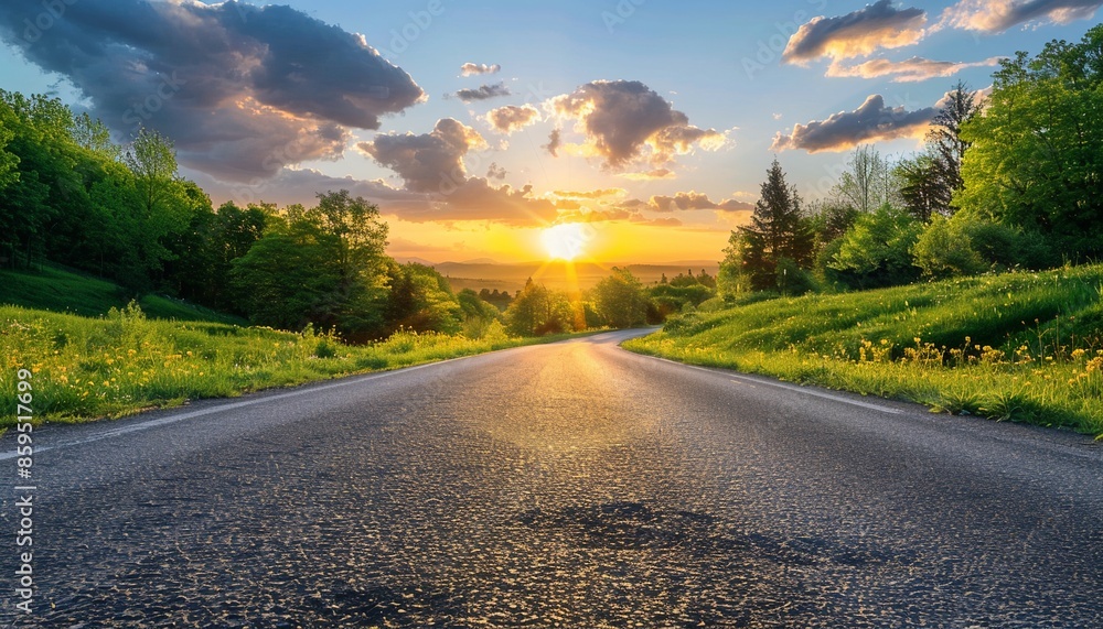 Asphalt road cuts through a lush forest bathed in sunset light Asphalt road cuts through a lush forest bathed in sunset light