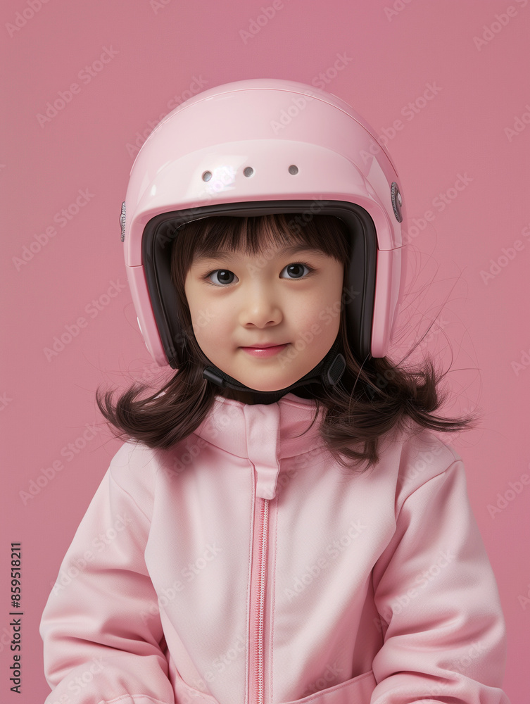 Cute girl wearing a pink children's helmet, light colored Cute girl wearing a pink children's helmet, light colored