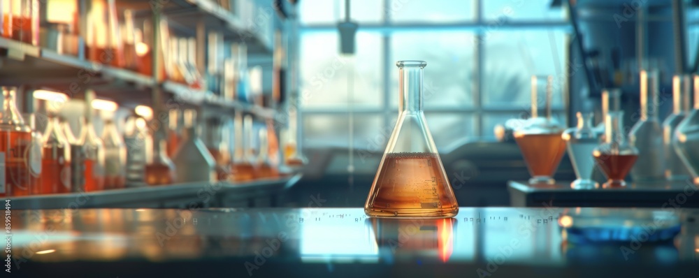Beaker with formula in science laboratory with bacteria, healthcare concept panorama. Generative AI. Beaker with formula in science laboratory with bacteria, healthcare concept panorama. Generative AI.