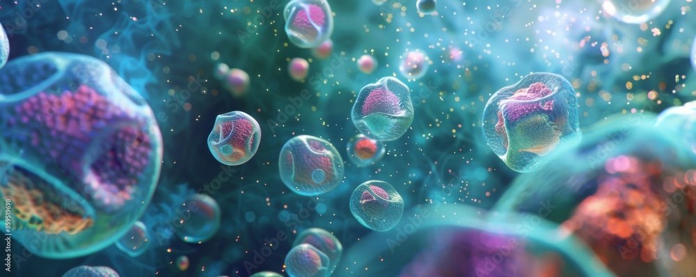 Cell under microscope, healthcare concept panorama banner. Generative AI. Cell under microscope, healthcare concept panorama banner. Generative AI.