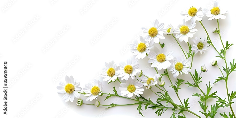 Obraz premium Feverfew plant photographed on a white background. Concept Plant photography, Botanical images, Natural elements, White background, Herbal medicine