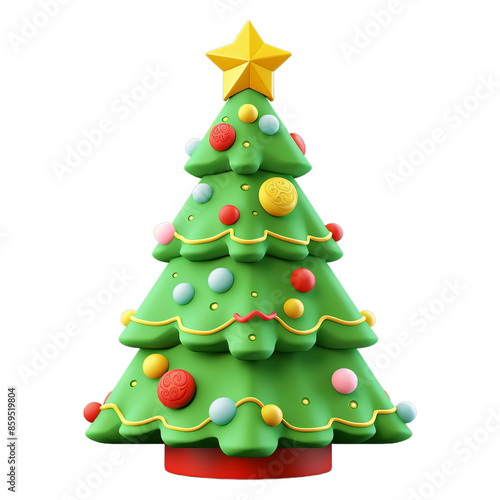 3D Christmas Tree with decorated colored balls on png transparent background