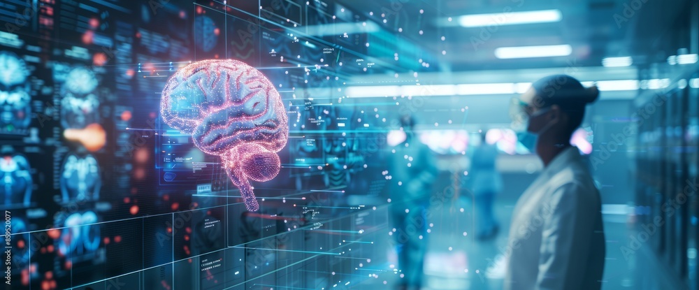 Abstract futuristic digital medical technology background, with a holographic human brain and many numbers as the background, a blurred hospital room Abstract futuristic digital medical technology background, with a holographic human brain and many numbers as the background, a blurred hospital room