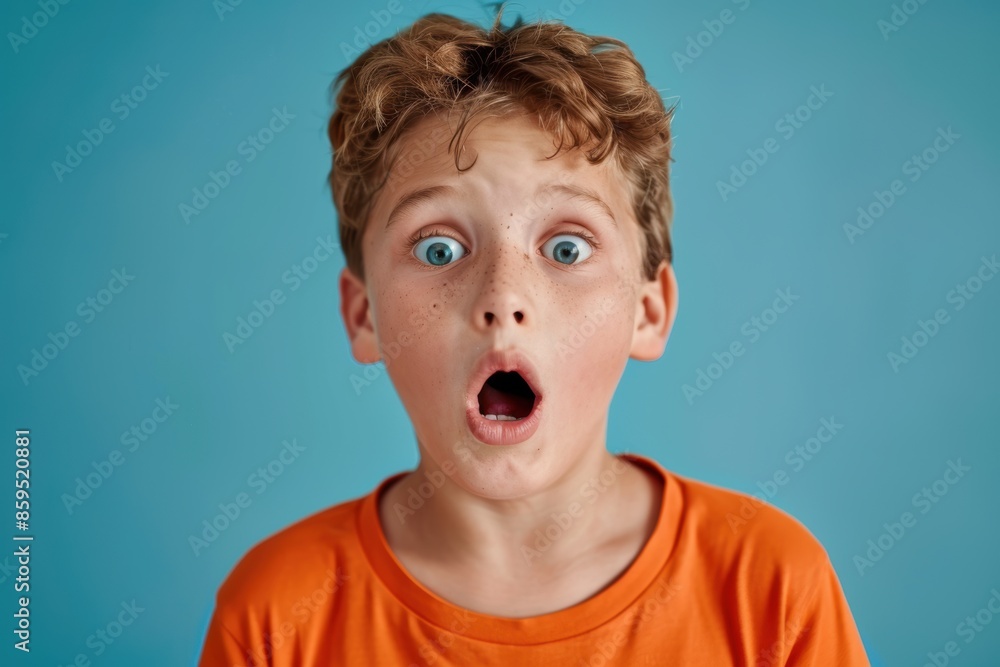 On a blue studio background, a little child wears a bet slip, his countenance full of disappointment and astonishment. Face emotions of humans and the notion of betting. trendy hues On a blue studio background, a little child wears a bet slip, his countenance full of disappointment and astonishment. Face emotions of humans and the notion of betting. trendy hues