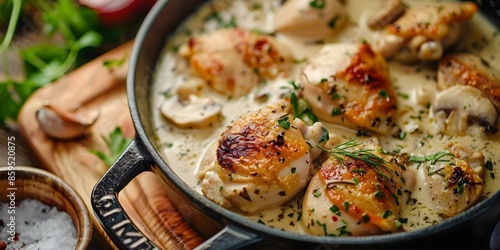 Cooking Chicken Fricassee in a Black Dutch Oven with Cream Sauce. Concept Cooking Techniques, Recipe Ideas, Dutch Oven Meals, Creamy Dishes, Chicken Fricassee