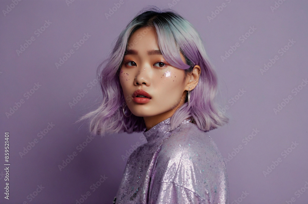 Young Asian Woman with Pastel Purple Hair and Glitter T-Shirt on Matching Pastel Purple Background Young Asian Woman with Pastel Purple Hair and Glitter T-Shirt on Matching Pastel Purple Background