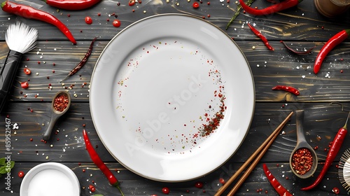 A White Plate Surrounded by Red Chili Peppers and Spices photo