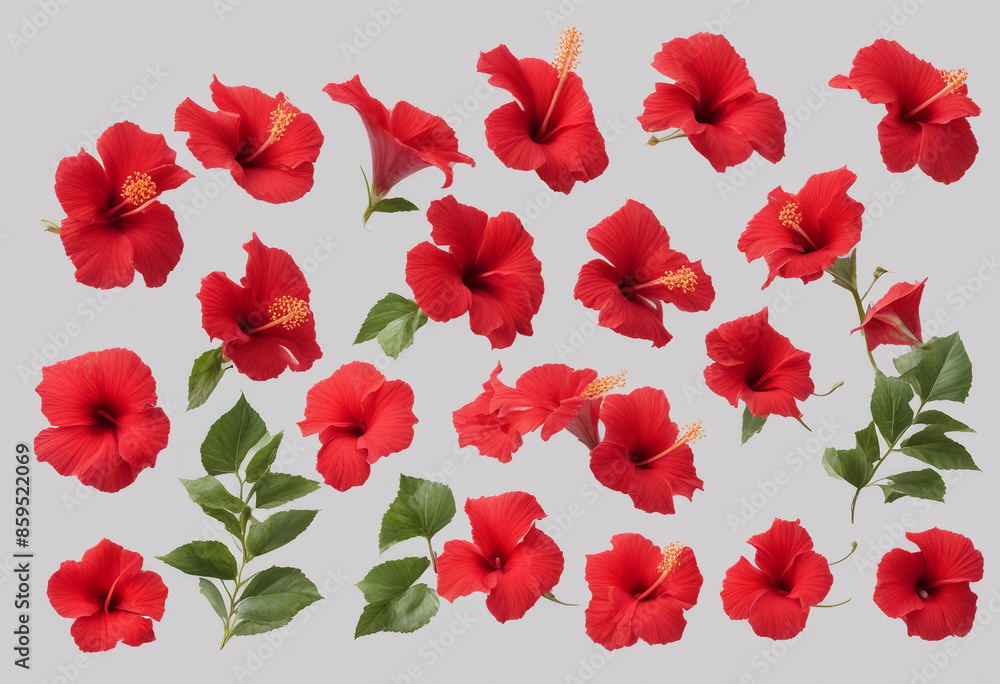 Set of tropical red hibiscus flowers isolated on transparent background Set of tropical red hibiscus flowers isolated on transparent background