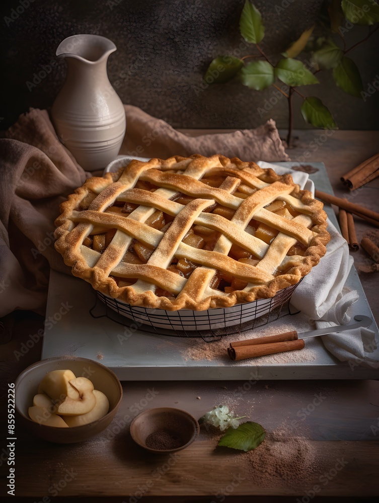 Homemade apple pie with lattice crust on a rustic table. Homemade apple pie with lattice crust on a rustic table.