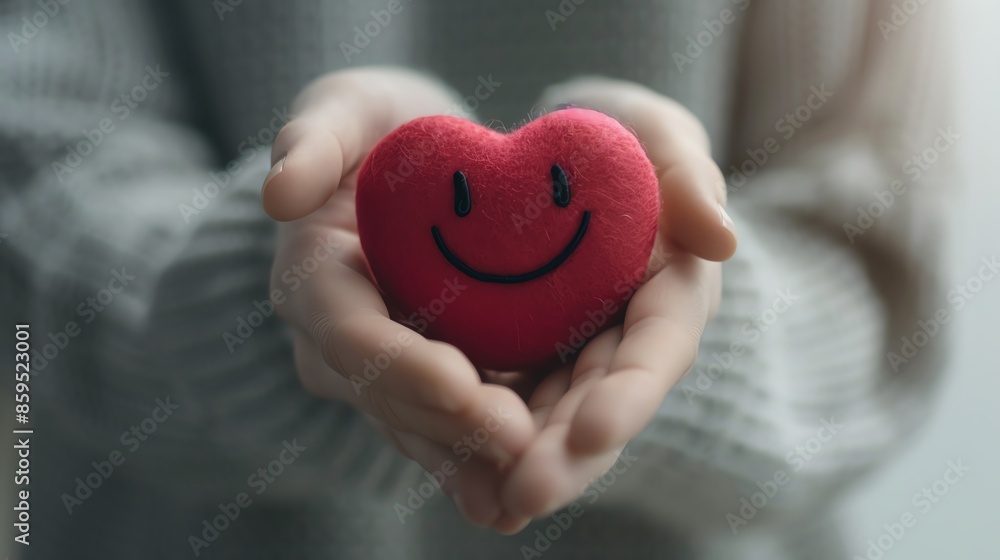 Close-up of a person holding a red heart-shaped object with a smiley face, symbolizing love, care, and happiness. Close-up of a person holding a red heart-shaped object with a smiley face, symbolizing love, care, and happiness.