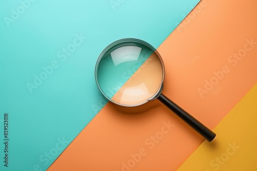 A magnifying glass placed on a vibrant, diagonally split background of turquoise, orange, and yellow, highlighting a fun and investigative theme.

