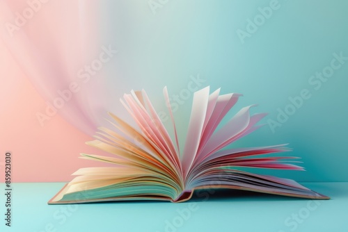 Open Book with Colorful Pages on Pastel Background

