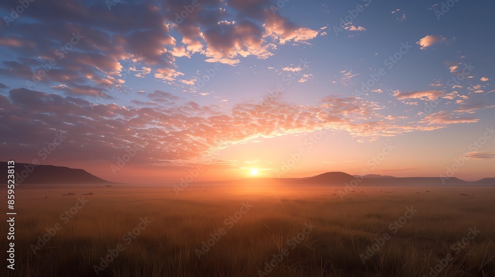 Obraz premium Stunning sunrise over a vast, misty field with a beautiful sky filled with vibrant colors and distant hills on the horizon.