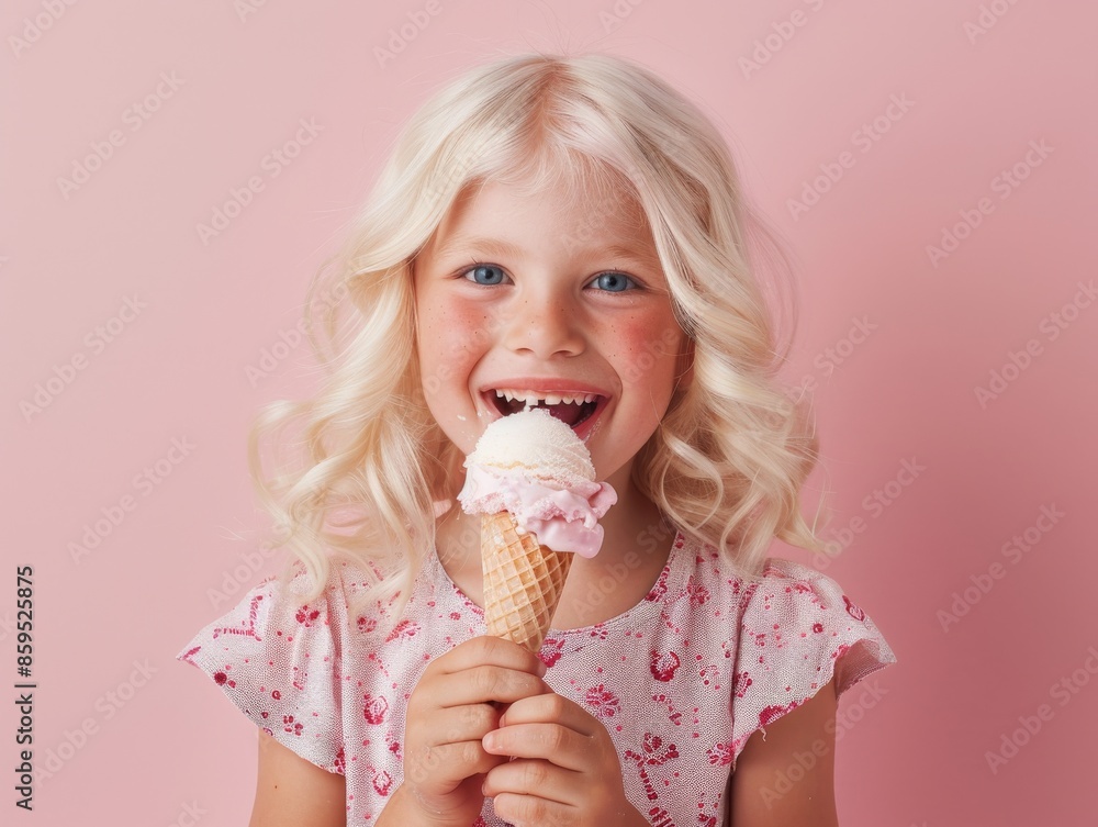 A fashionable girl is happily eating an ice cream A fashionable girl is happily eating an ice cream