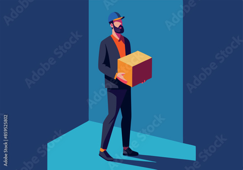 A man is holding a box and wearing a suit